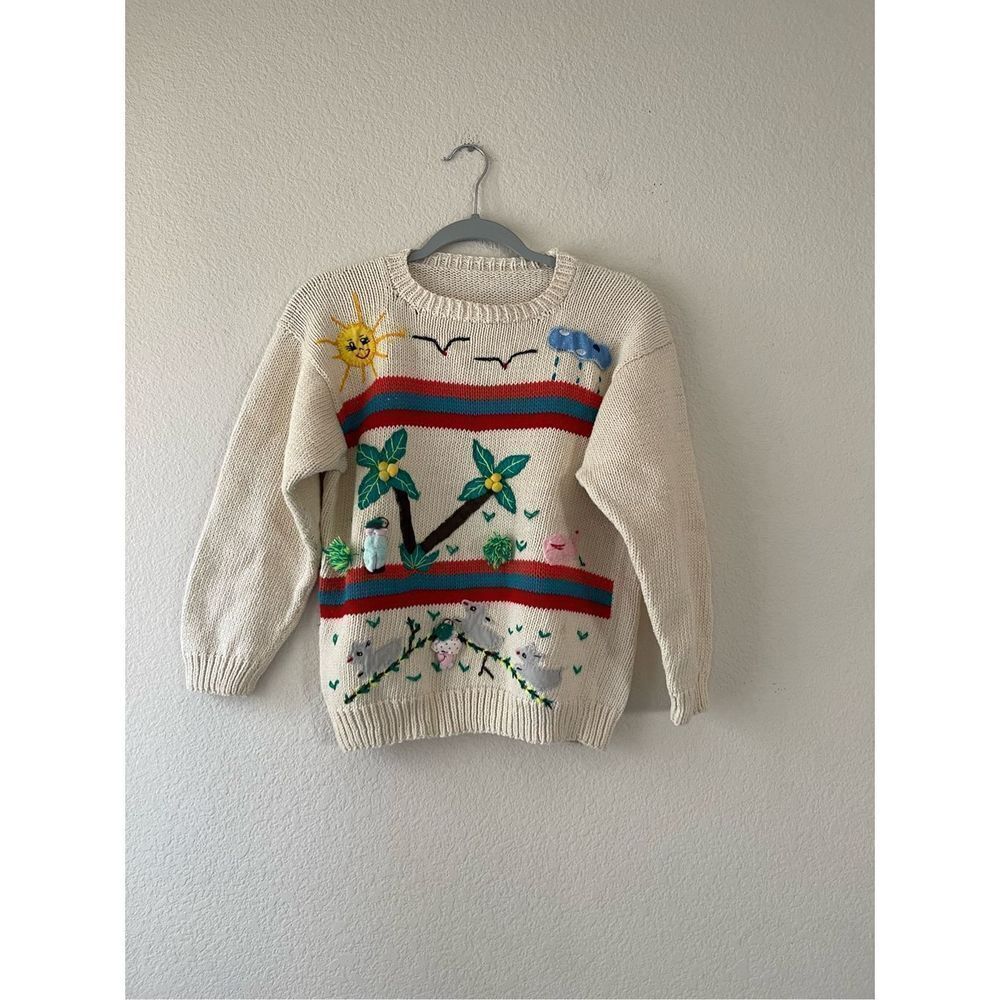 Vintage 80s Hand‎ Knit Peruvian Folk Sweater With Embroidery and 3d designs